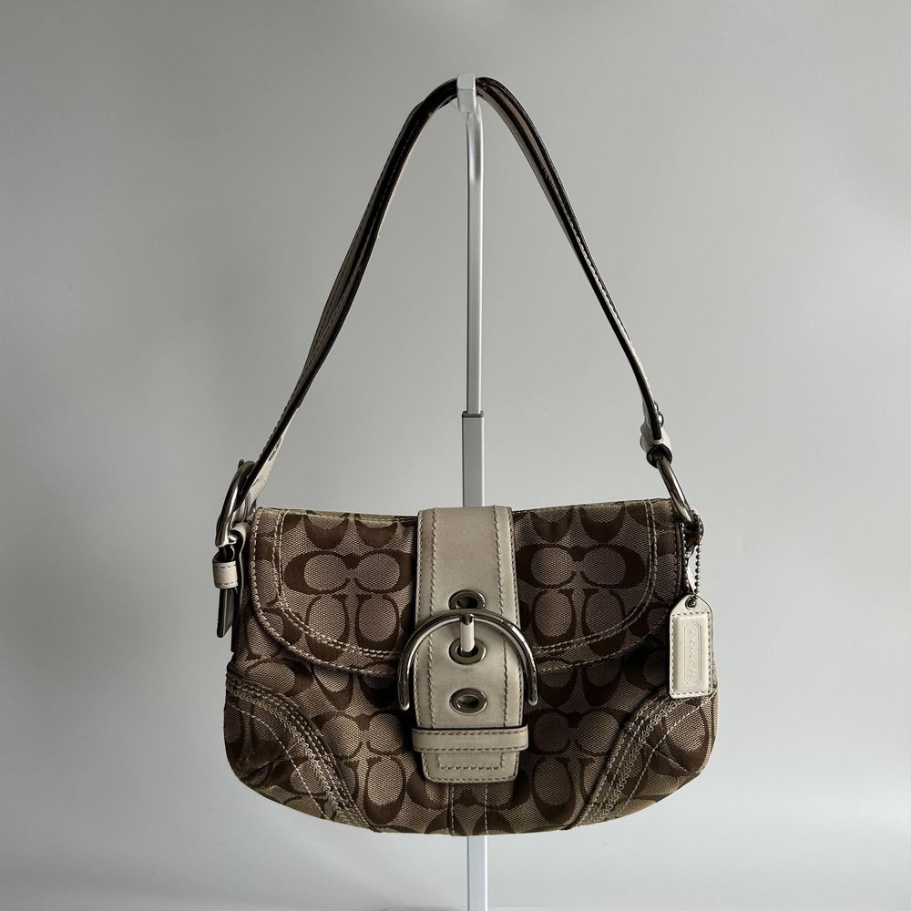 Coach Soho Signature Flap Brown White Canvas Leather Shoulder Bag 10602